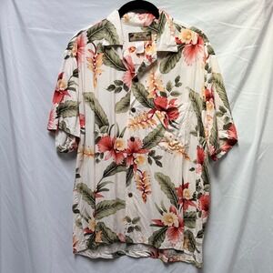 Two‎ Palms Mens Hawaiian Shirt Medium Floral Tropical Rayon Made in Hawaii Cream